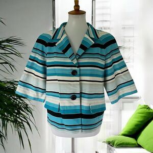 TALBOTS Blazer Jacket Petite 14P Blue Black Ivory Striped 1/2 Sleeve Lined Caree